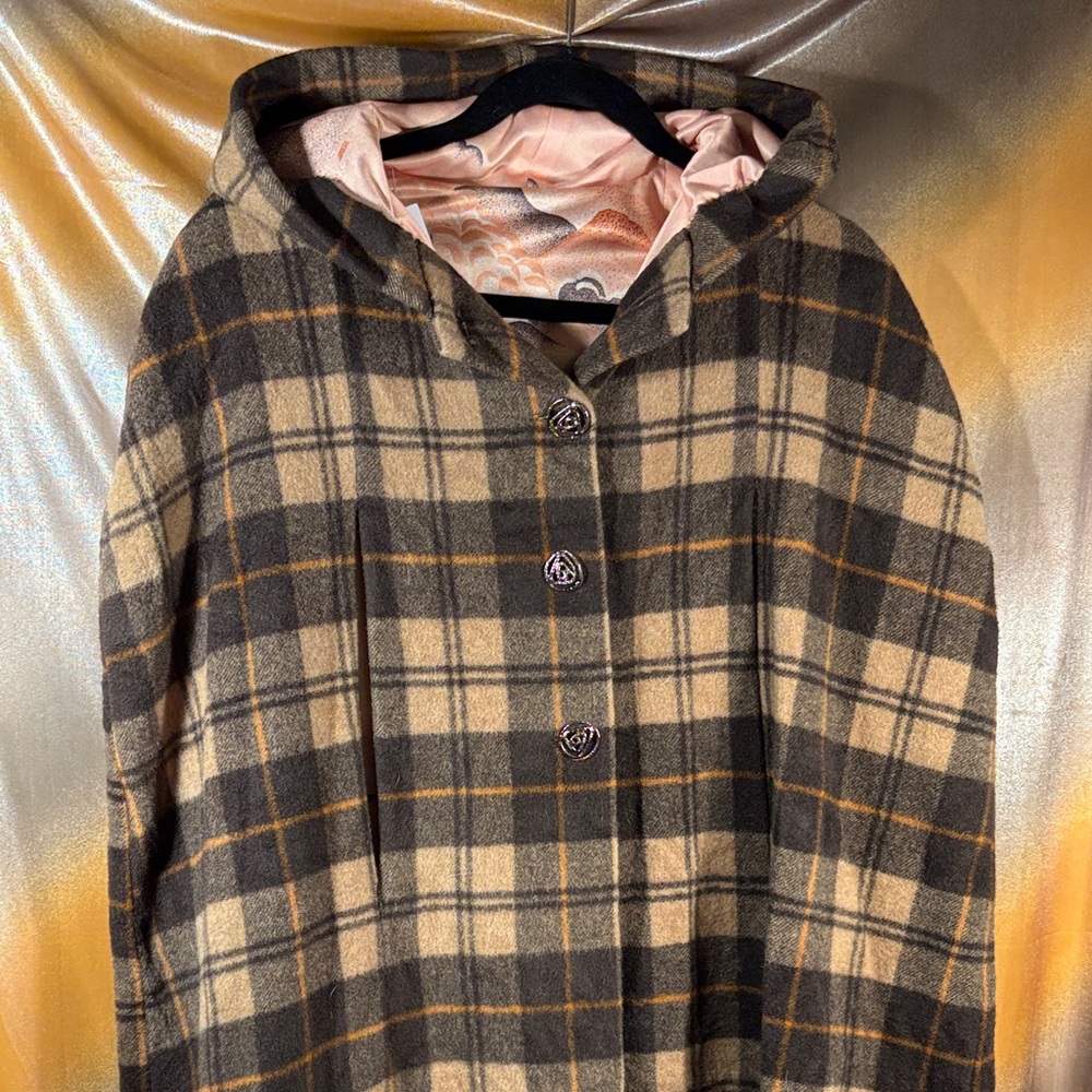 Vintage 70’s cape Plaid Hooded Women's‎ with soft uber cool lining bag aa